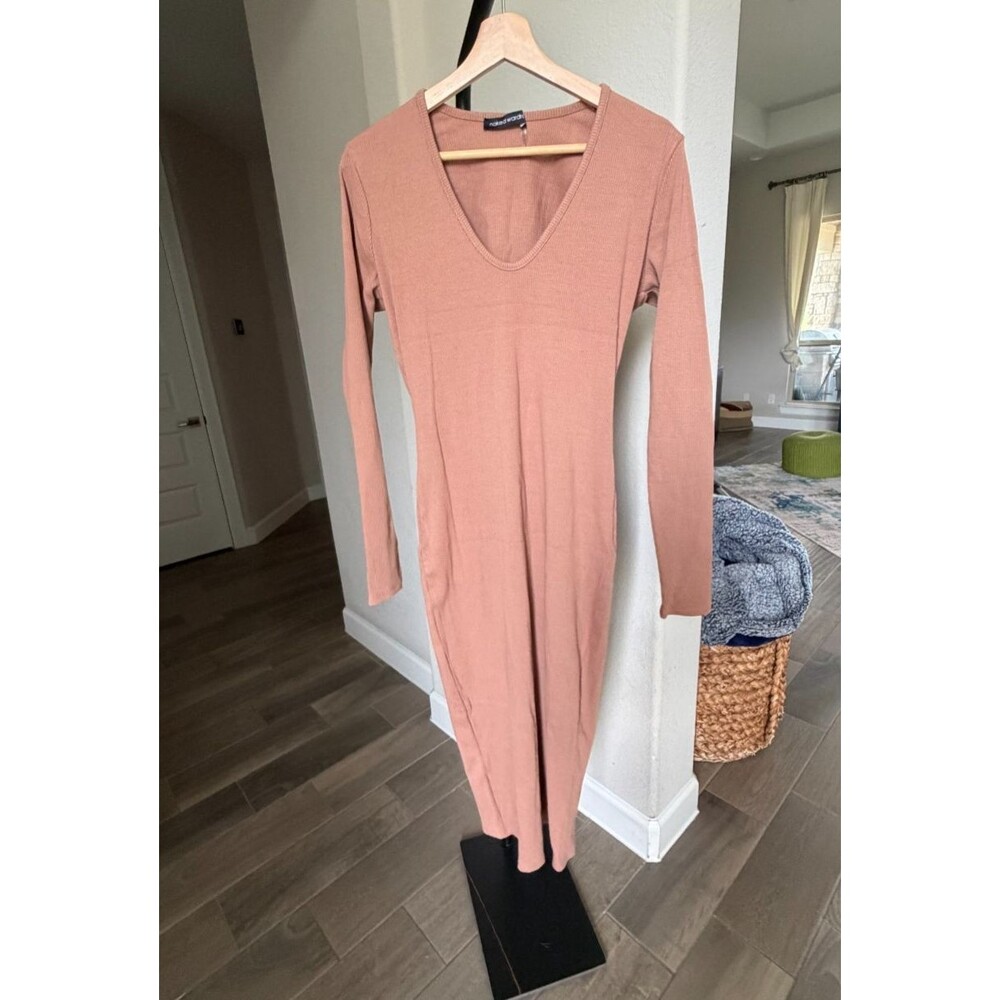 Naked Wardrobe Ribbed Bodycon Midi Dress Brown Long Sleeve Size 1X NWOT